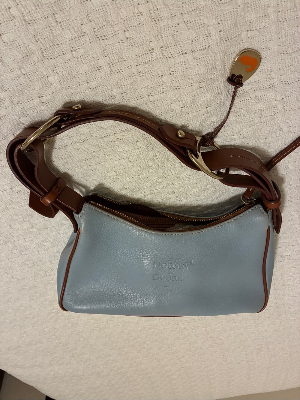 Dooney & Bourke Light Blue Leather Shoulder Bag with Brown Trim